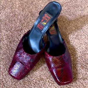 red snakeskin mules